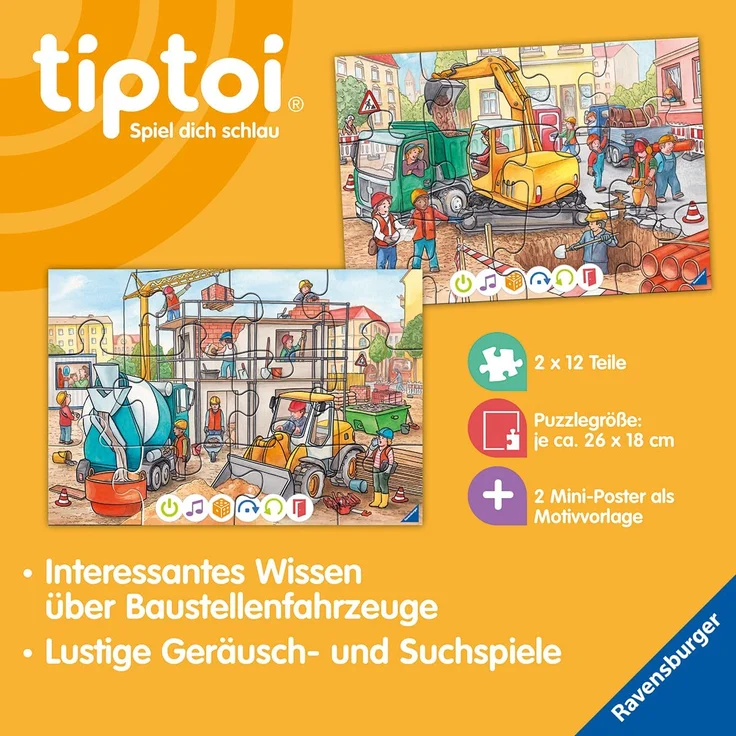 Ravensburger tiptoi 00137 'Puzzle für kleine Entdecker - Baustelle', ab 3 Jahren, 2x12 Teile, für 1 Spieler – Bild 4