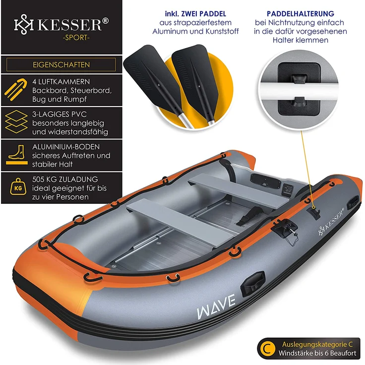 KESSER 'Schlauchboot 3,20 m', für 4 Personen, WAVE Motor geeignet, mit 2 Sitzbänken, Alu-Boden, Paddel, Pumpe, Reparaturset, Tasche, PVC, Grau / Orange – Bild 2