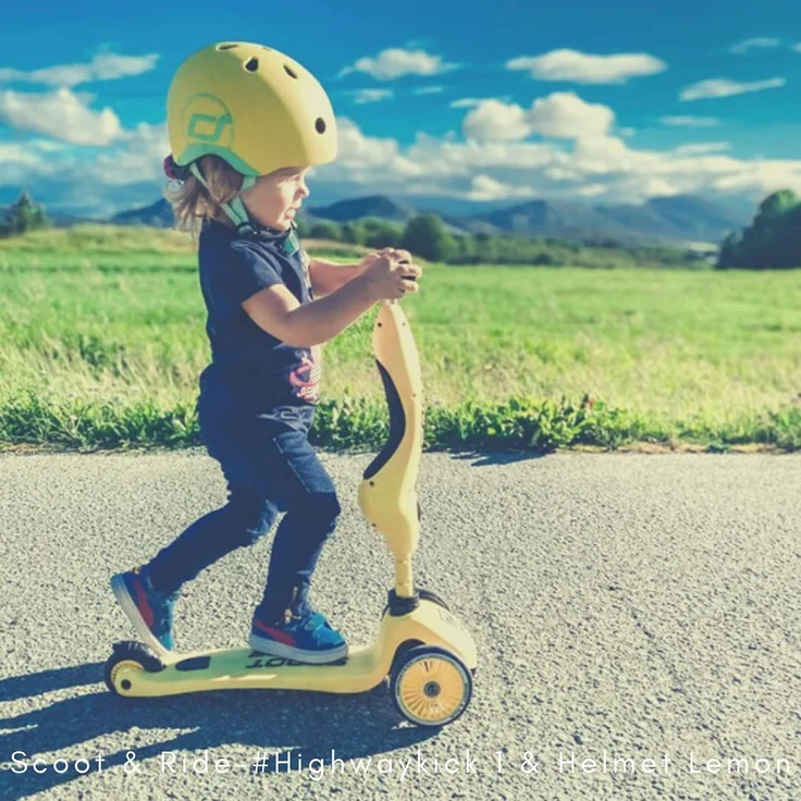 Scoot & Ride 'Highwaykick 1' Kickboard, ab 12 Monaten, 3-fach höhenverstellbar bis 64 cm, 2in1 mit Sitz, max. belastbar bis 50 kg, lemon – Bild 4