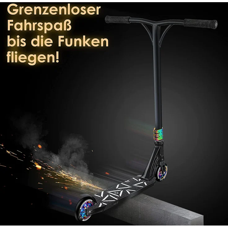KESSER 'Stunt Scooter GT-Limit', 360° Lenkung, mit Ständer, ABEC 9 Kugellagern, 110 mm PU Räder, max. belastbar bis 100 kg, Schwarz / Rainbow – Bild 7