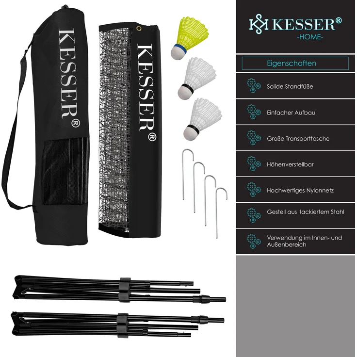 KESSER Badmintonnetz, 3-Fach-Höhenverstellbar, Set bestehend aus Netz, 3x Federball, stabilem Eisen-Gestell, Transporttasche, Indoor & Outdoor, Schwarz, 300cm – Bild 3