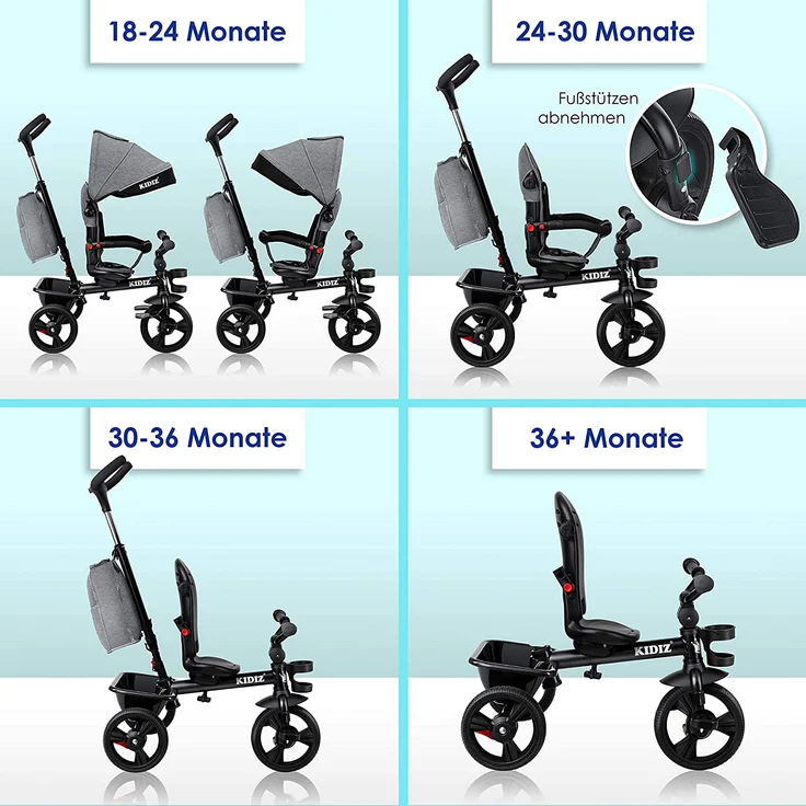KIDIZ '5in1 Kinderdreirad', mit Schubstange, Lenksystem Stange, Korb, Tasche, Sonnendach, Gummiräder, Grau, ab 1 Jahr – Bild 4
