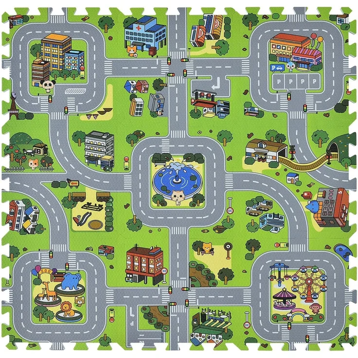 Juskys 'Jascha' Puzzlematte, 9 Teile, ab 10 Monaten, Stadt mit Straßen, rutschfest & abwischbar, 1 cm dick – Bild 1