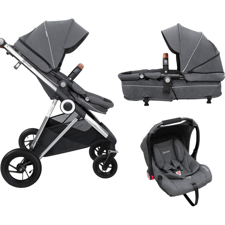 BabyGO 'Halime Air' Kombikinderwagen 4plusin1 Grau / Gestell Silber inkl. Sitz, Wanne, Babyschale, Wickeltasche, Adapter, Fußsack, Regenfolie – Bild 2