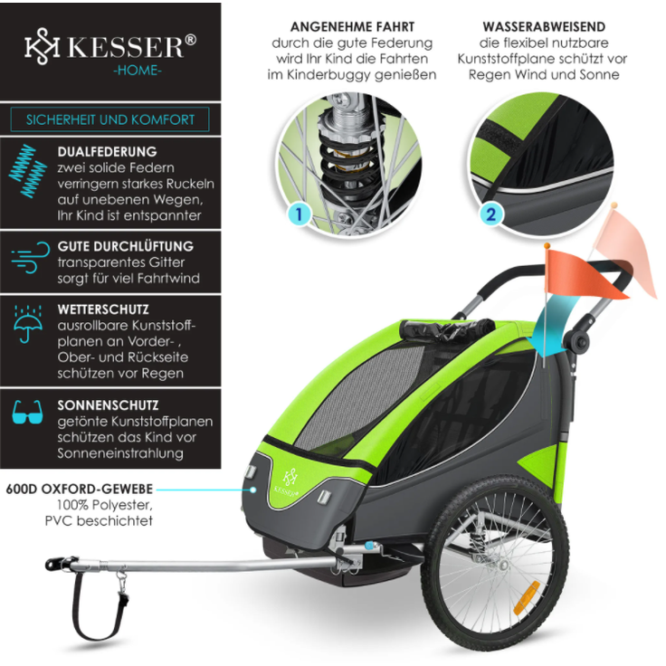 KESSER® 'Cruiser' Fahrradanhänger, 360° Drehbar mit Federung 2in1 Joggerfunktion Kinderfahrradanhänger, 5-Punkt Gurt Jogger Fahrrad Anhänger für 1 bis 2 Kinder max. 40 kg Hellgrün – Bild 3