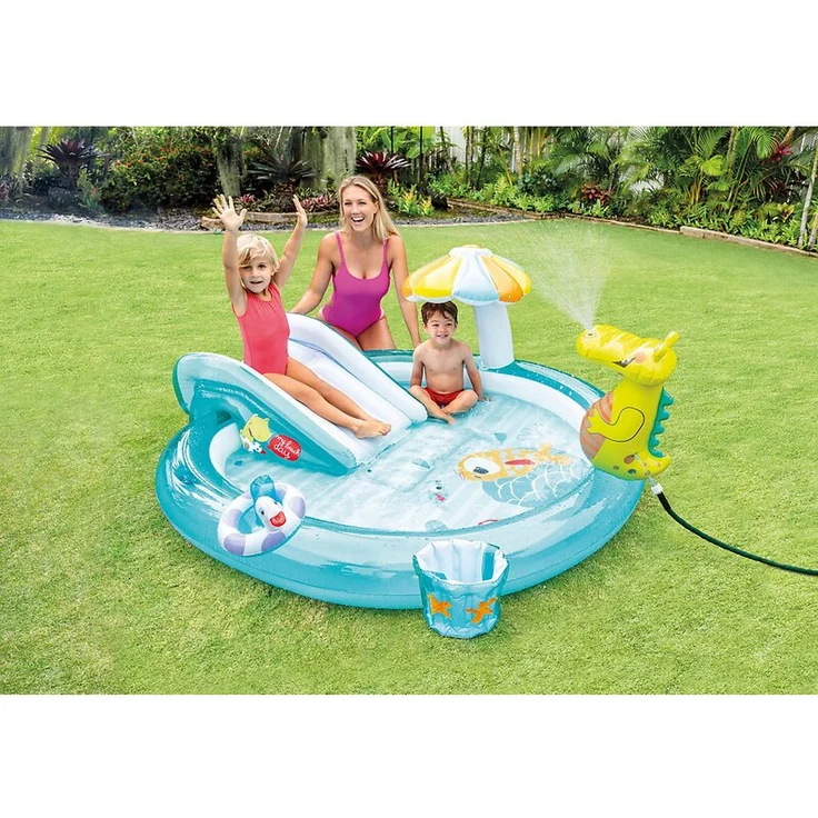 Intex 'Playcenter Gator', Krokodil-Planschbecken, 203 x 173 x 89 cm, ab 3 Jahren, inkl. Rutsche, Krokodil als Wassersprüher, aufblasbaren Pilz, Wassereimer 2 Fische und Entchen – Bild 2