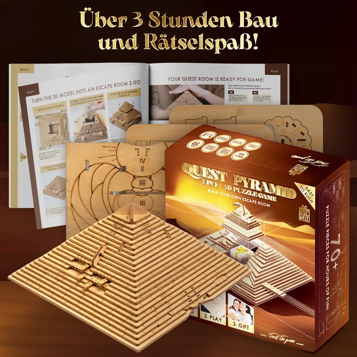 ESC WELT Quest Pyramide 3D Puzzle Game - 3 in 1 Puzzle Box Modellbau Escape Room- Holzpuzzle & Holzrätsel für Valentinstag - Geschenkbox Knobelspiel - Rätselbox für Kinder und Erwachsene 3D Holzpuzzle – Bild 4