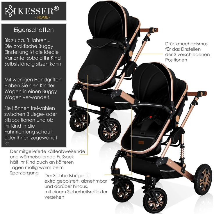 KESSER® Loops 3 in 1 Kinderwagen Kombikinderwagen Komplettset incl. Babywanne & Buggy Sportsitz & Auto-Babyschale - Voll-Gummireifen - Wickeltasche/Regenschutz/Kindertisch Set Schwarz / Champagne – Bild 4
