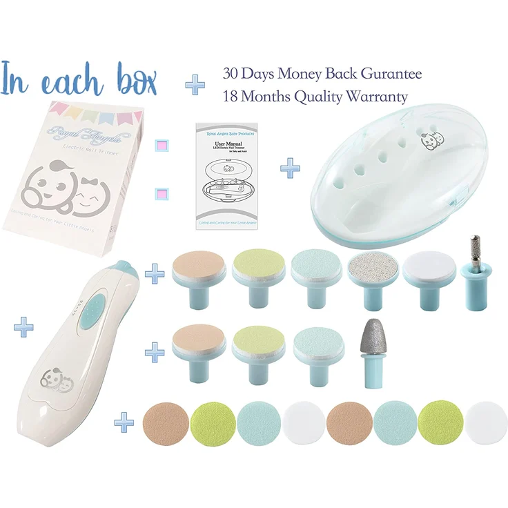 Royal Angels Baby Nagelknipser 20 in 1 von | Sicherer elektrischer Baby Nagelschneider, Baby-Nagel-Dateikit, zusätzliche Ersatzköpfe, neugeborene Kleinkindzehen und Fingernägel (weißBlau) – Bild 2
