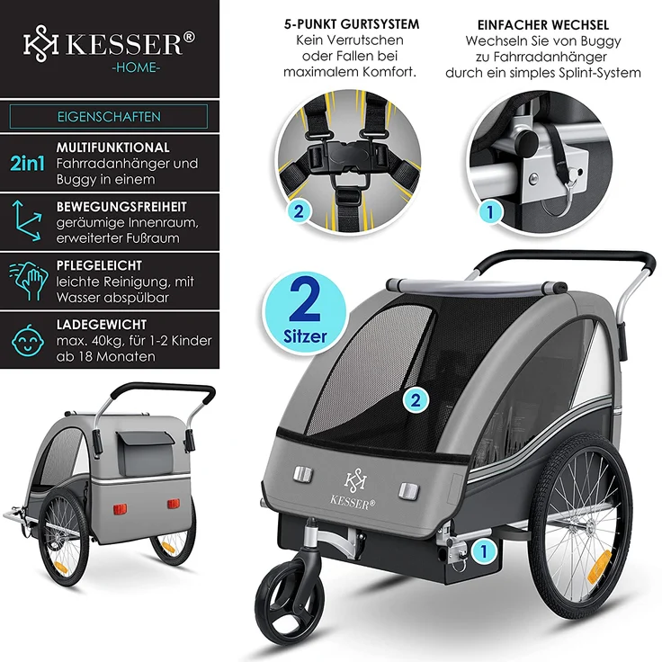 KESSER® 'Sport-RX' Kinderanhänger 2in1 in Hellgrau Joggerfunktion + 5-Punkt Sicherheitsgurt, Anhänger für 1 bis 2 Kinder, max. 40kg – Bild 3