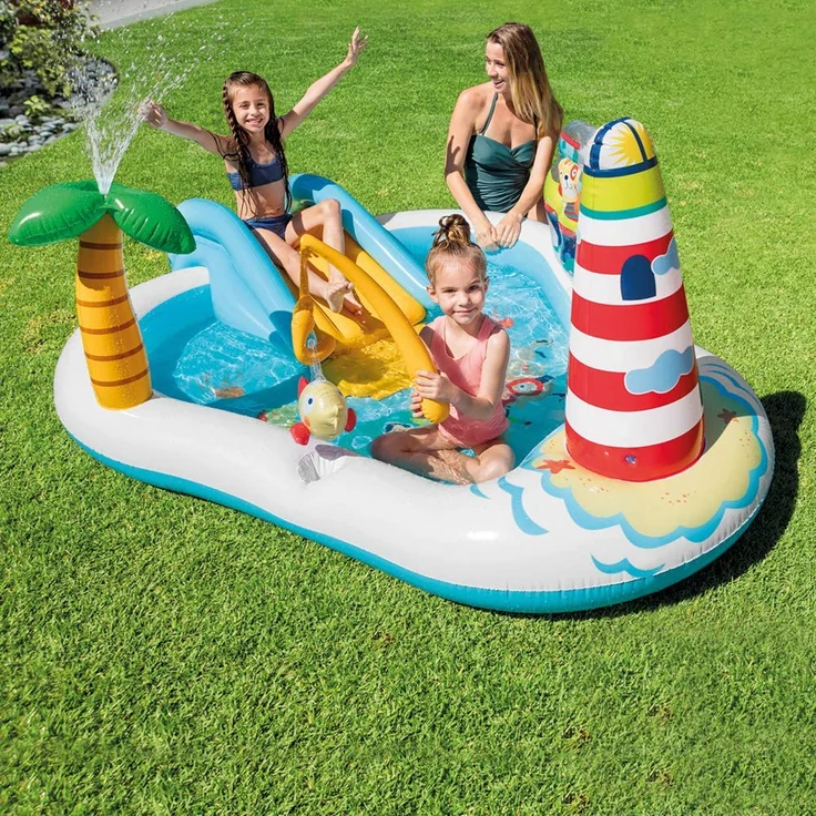 Intex 'Playcenter Fishing Fun' Planschbecken, 218 x 188 x 99 cm, ab 3 Jahren, inkl. Rutsche, Palme, Leuchtturm und Zubehör – Bild 2
