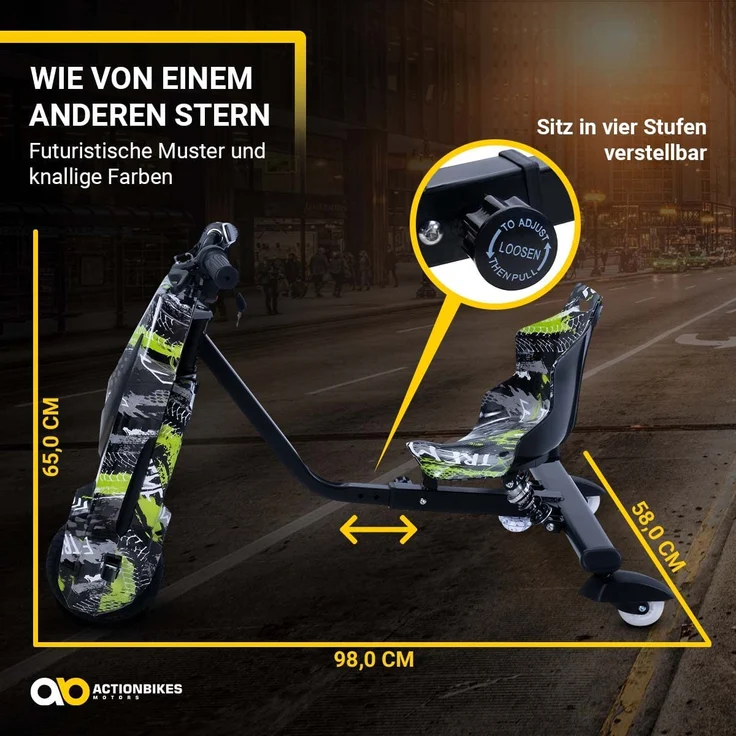 Kinder Elektro Drift Trike Scooter LED Driftrollen 360° bis zu 15km/h drosselbar (Grün Polo) – Bild 5