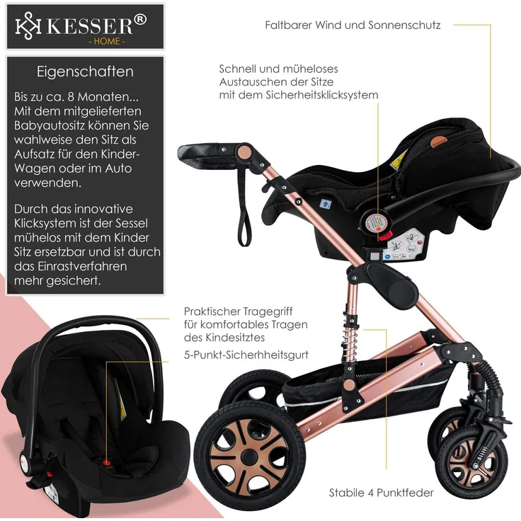 KESSER® Loops 3 in 1 Kinderwagen Kombikinderwagen Komplettset incl. Babywanne & Buggy Sportsitz & Auto-Babyschale - Voll-Gummireifen - Wickeltasche/Regenschutz/Kindertisch Set Schwarz / Rosé Gold – Bild 3