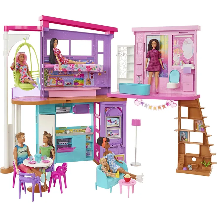 Barbie HCD50 - Malibu Ferien-Haus (klappbar), Puppenhaus mit Möbeln und diversen Zubehör-Teilen, Spielzeug für Kinder ab 3 Jahren