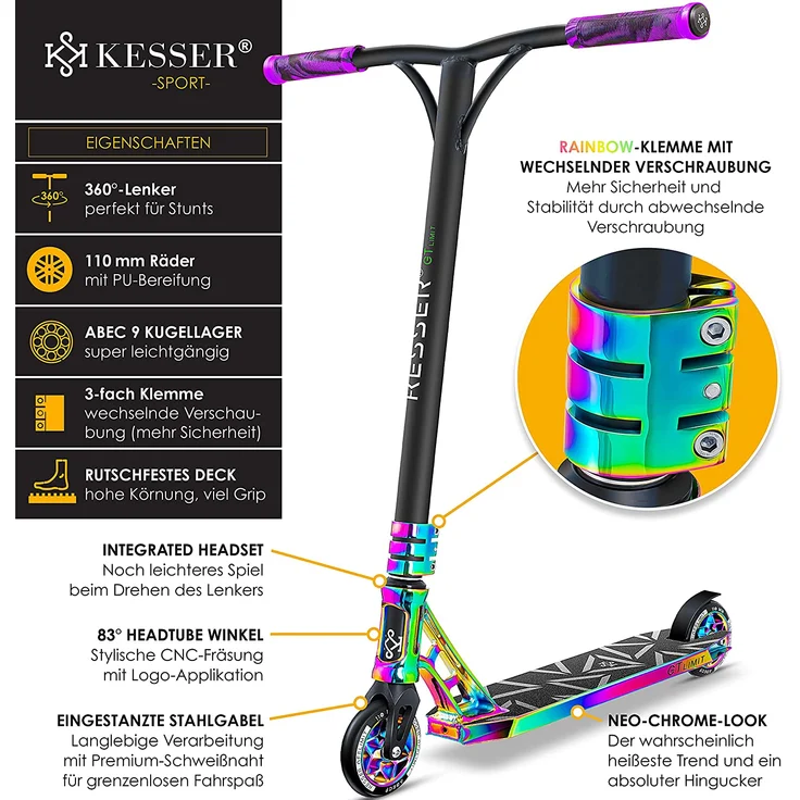 KESSER 'Stunt Scooter GT-Limit', 360° Lenkung, mit Ständer, ABEC 9 Kugellagern, 110 mm PU Räder, max. belastbar bis 100 kg, Rainbow – Bild 6