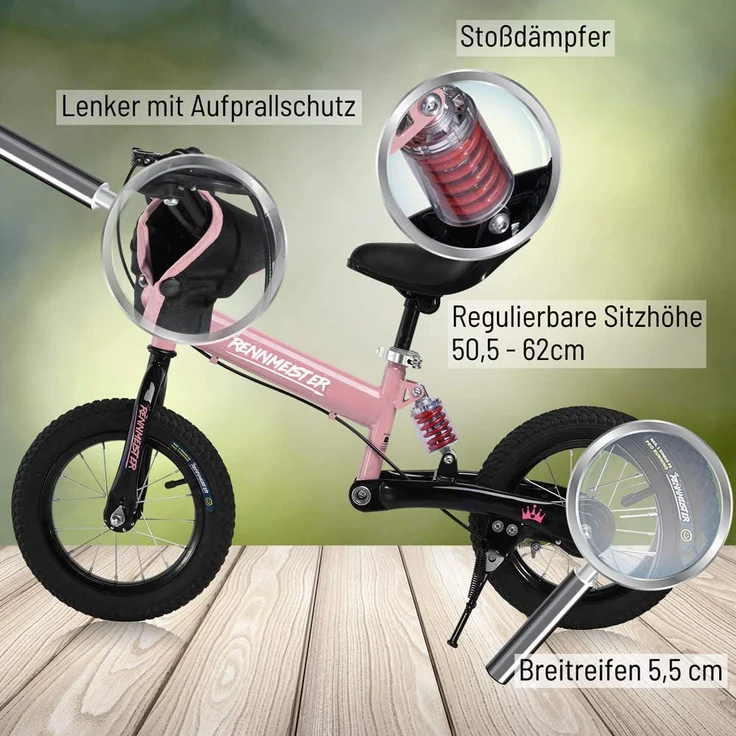 Deuba 'Rennmeister Kinderlaufrad', 12 Zoll, mit Antishock Feder, Übungs-Sattel, Absturzsicherung, inkl. Ständer, rosa - Preisvergleich – Bild 6
