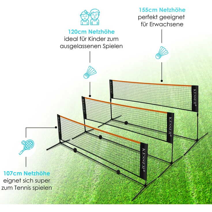 KESSER Badmintonnetz, 3-Fach-Höhenverstellbar, Set bestehend aus Netz, 3x Federball, stabilem Eisen-Gestell, Transporttasche, Indoor & Outdoor, Schwarz, 300cm – Bild 7