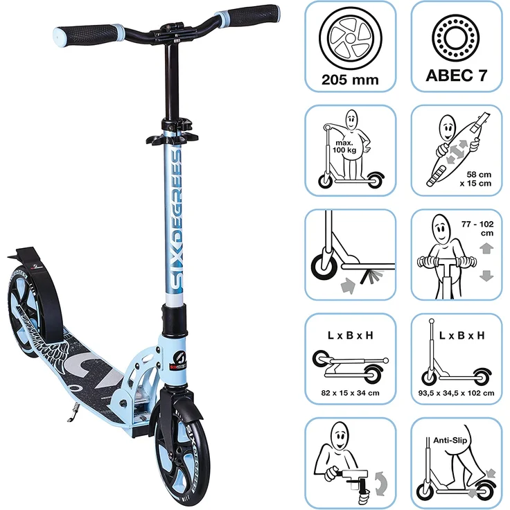 Six Degrees 568 'Aluminium Scooter 205 mm' Scooter, ab 6 Jahren, 5-fach höhenverstellbar bis 102 cm, klappbar, max. belastbar bis 100 kg, pastellblau – Bild 2