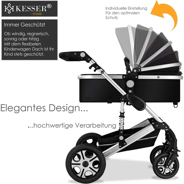KESSER® Loops 3 in 1 Kinderwagen Kombikinderwagen Komplettset incl. Babywanne & Buggy Sportsitz & Auto-Babyschale - Voll-Gummireifen - Wickeltasche/Regenschutz/Kindertisch Set Schwarz / Silber – Bild 5