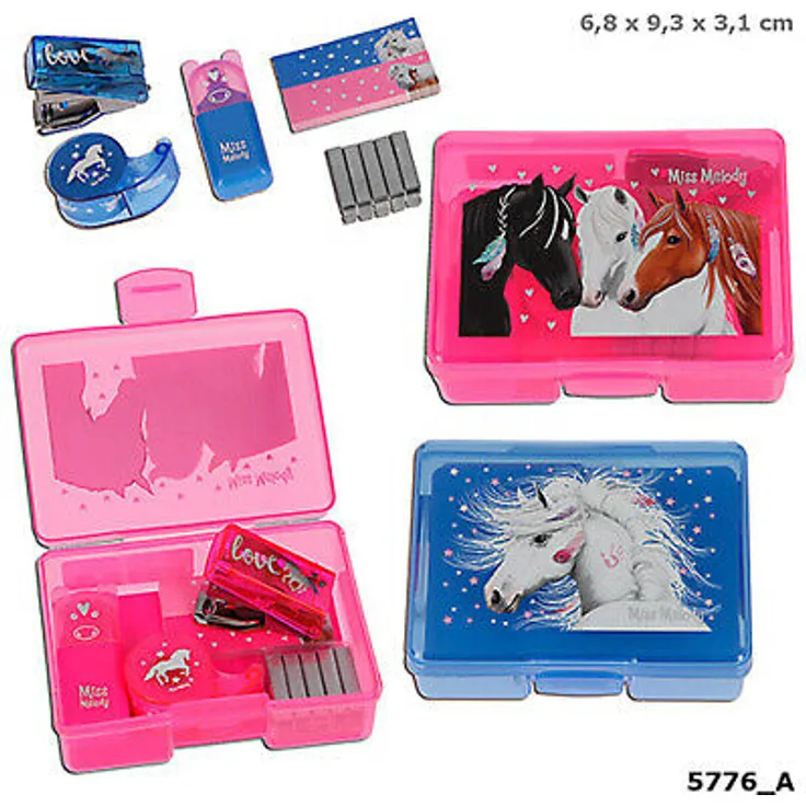Depesche 5776 - Mini Schreibtischset in Box mit Pferdemotiv, Miss Melody, sortiert in Pink oder Blau - zufällige Auswahl
