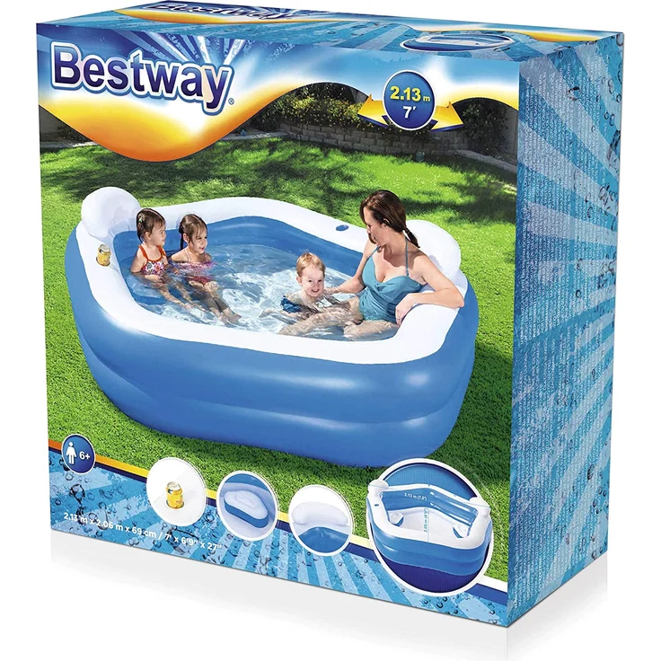 Bestway 'Fun' Family Pool, Planschbecken, 213 x 207 x 69 cm, ab 6 Jahren, blau/weiß, inkl. zwei Getränkehaltern, Kopfstützen und Sitzpolstern – Bild 3