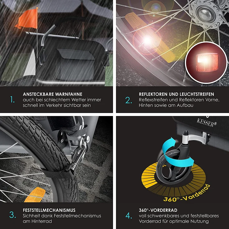 KESSER® Fahrradanhänger Sport-RX 2 in 1, mit Joggerfunktion, 5-Punkt Sicherheitsgurt, 360°-Vorderrad, für 1 bis 2 Kinder, max. 40kg, Schwarz - Preisvergleich – Bild 3