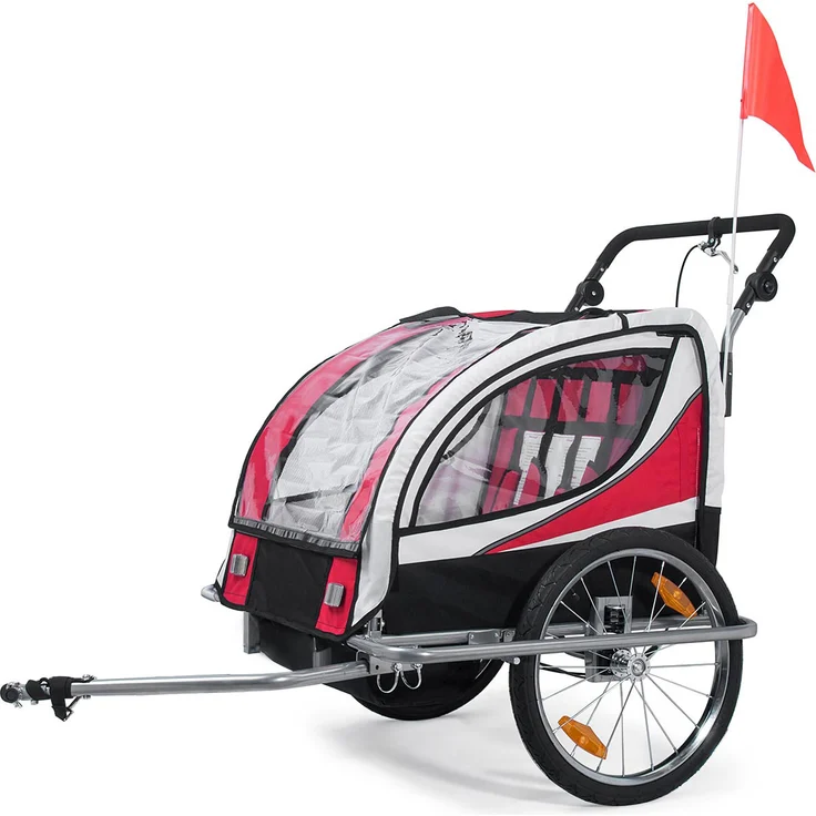SAMAX Fahrradanhänger Jogger 2in1 360° drehbar Kinderanhänger Kinderfahrradanhänger Transportwagen vollgefederte Hinterachse für 2 Kinder in Rot - Silver Frame – Bild 2