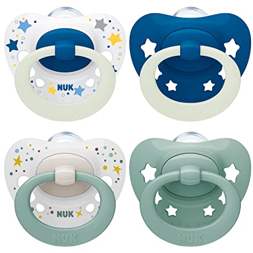 NUK Signature Day & Night Babyschnuller | 0-6 Monate | Beruhigt 95 % der Babys | BPA-freie Silikonschnuller in Herzform | Leuchtet im Dunkeln | Sterne | 4 Stück