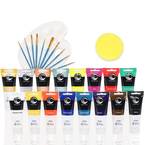 CREATEST Acrylfarben-Set 16 Farben à 75ml, inkl. Pinsel & Mischplatte, wasserfest, Künstlerbedarf für Leinwand und Holz