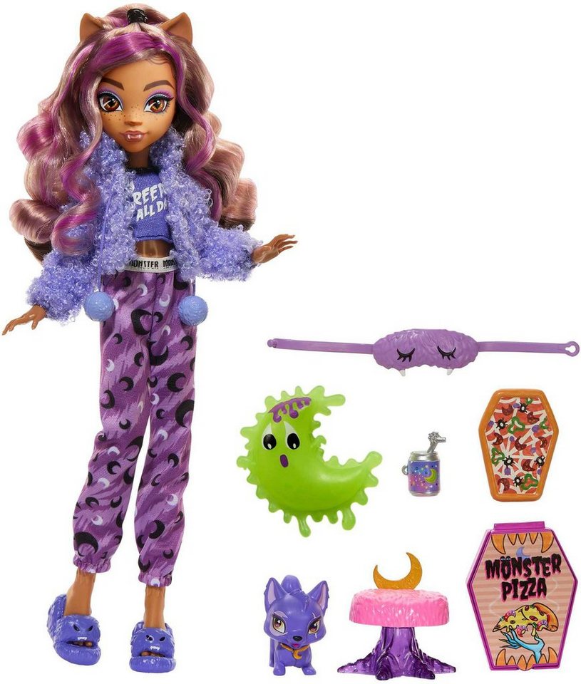 Mattel® Anziehpuppe Monster High, Creepover Clawdeen - Voll beweglich, Pyjamaparty Zubehör, inkl. Haustier