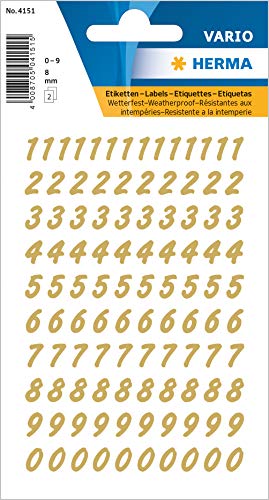 HERMA 4151 Zahlen Aufkleber gold 0-9, 208 Stück, Schriftgröße 8 mm, selbstklebend, wetterfest, klein, Nummer Ziffer Klebezahlen Sticker Hausnummern aus Folie zum Aufkleben, transparent