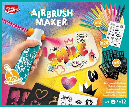 Maped CREATIV AIRBRUSH MAKER 907080, Graffiti Set für Kinder ab 5 Jahren mit wiederaufladbarem Airbrush, 12 Filzstiften JUNGLE, 5 Schablonen, Stickern & A5 Papier