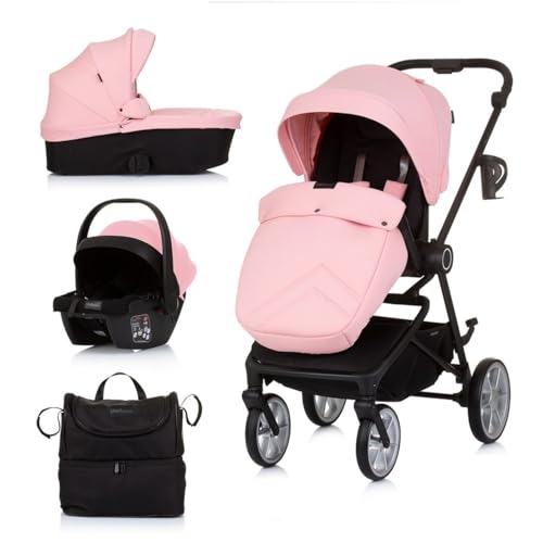 Chipolino 3 in 1 Kombikinderwagen Linea, inklusive Sportsitz, i-Size Babyschale und Babywanne, faltbar, Aluminiumrahmen, rosa