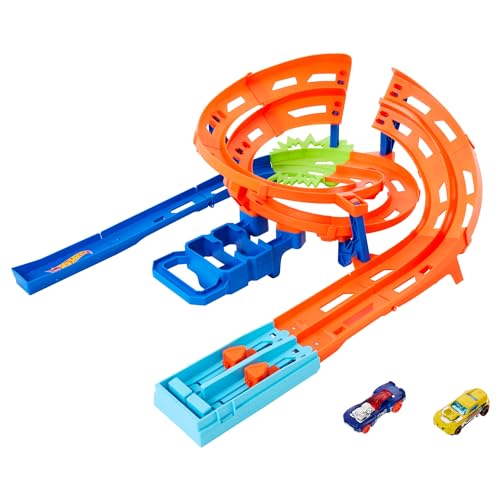 Hot Wheels Steilkurven-Rennstrecke, Trackset mit 2 Fahrzeugen im Maßstab 1:64, einfache Aufbewahrung, Modell HTK17