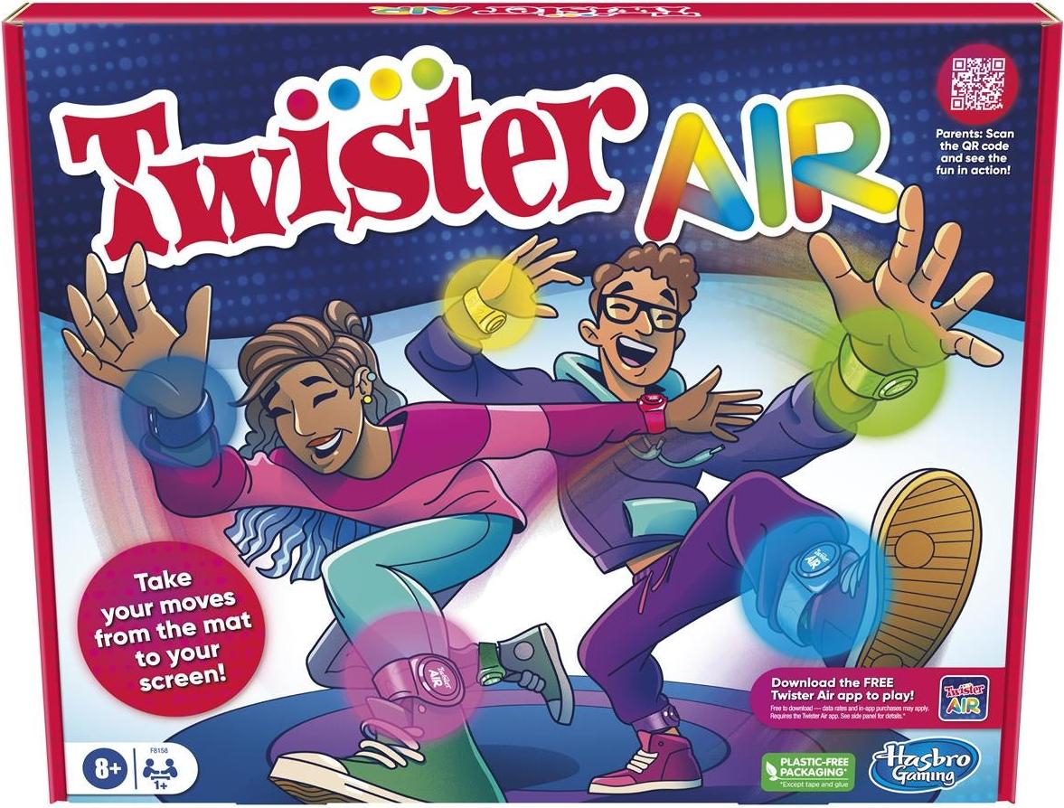 Hasbro Gaming Twister Air F8158, Brettspiel mit 8 farbigen Bändern und Smartphone-Ständer, interaktive Augmented Reality Partyspiel