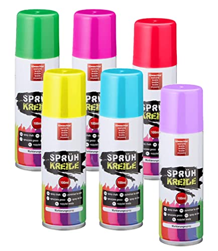 Spetebo Sprühkreide wasserlöslich 100 ml Dose - 6er Set - Kreidespray in 6 verschiedenen bunten Farben - Flüssigkreide Markierungsspray abwaschbar Straßen Kreide Marker rot gelb grün pink lila blau