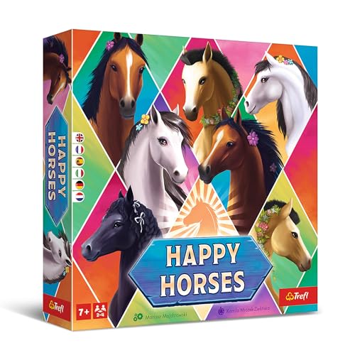 Trefl Happy Horses 02522, Brettspiel für die ganze Familie, für 2-4 Spieler, ab 7 Jahren, Mehrfarbig, inklusive 112 Pferde-Karten und Apfel-Plättchen