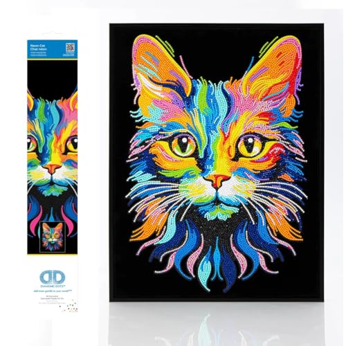 Diamond Dotz Kreativset Diamond Painting Neon Katze, hochwertige Strasssteine mit 13-Facettenschliff und Neonfarben auf schwarz beflocktem Hintergrund