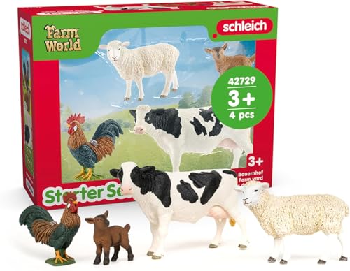 Schleich Farm World Starter-Set Bauernhof, enthaltene Tiere: Holstein Kuh, Hahn, Schaf und Zicklein, naturgetreu gestaltet