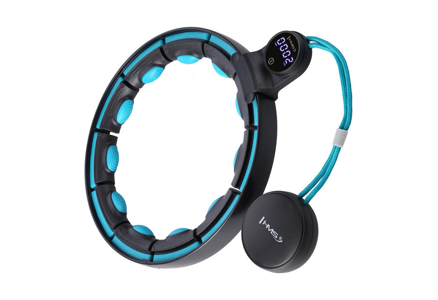 HMS HHM17 Hula-Hoop-Reifen, Hula Hoop mit Gewicht und Zähler, schwarz/türkis, mit digitalem USB-aufladbarem Display und Magneten