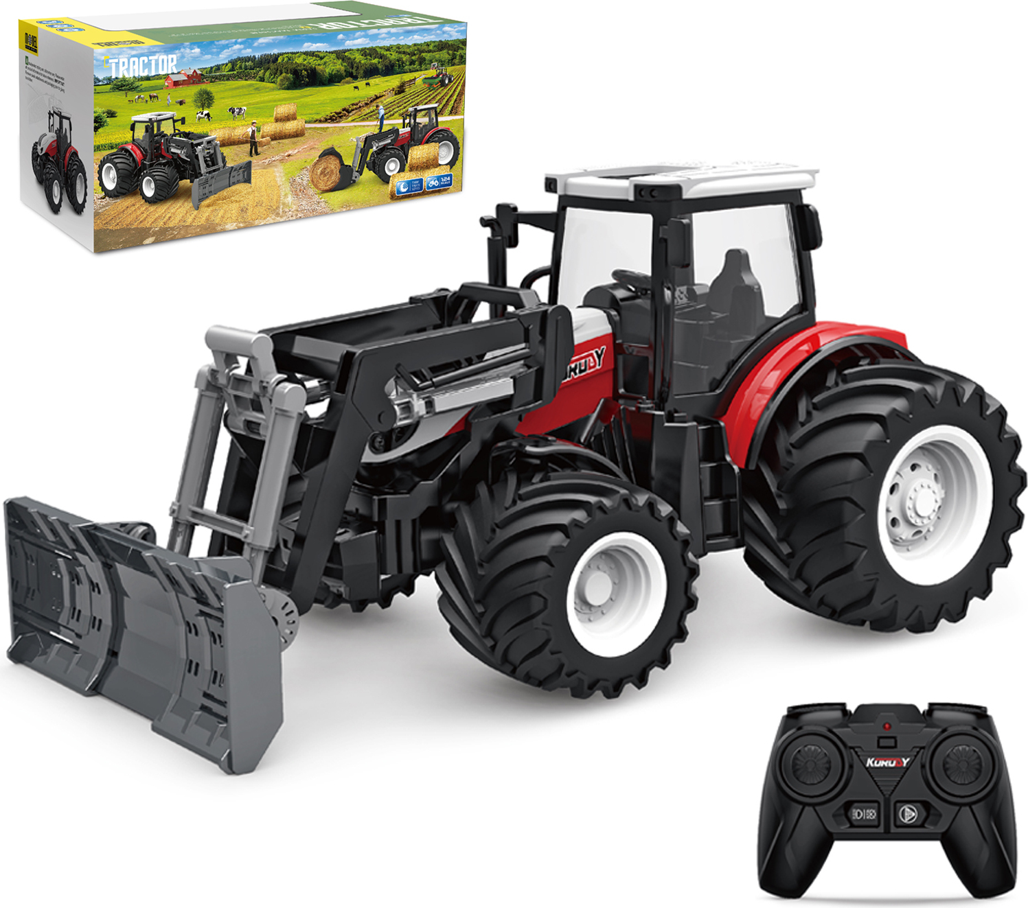 ESUN RC-Traktor Ferngesteuerter Frontschaufel Traktor Spielzeug ab 3 Jahre, Ferngesteuert Ackerschlepper mit Licht und Sound, Geländewagen für Innen- und Außenbereich, 6 Kanäle, flexibler Lenkung