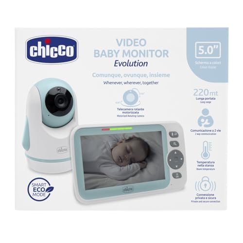 Chicco Video Babyphone Evolution, motorisierte Kamera mit 5"-Farbbildschirm, 220 m Reichweite, Nachtsicht, Thermometer und Weißrauschen