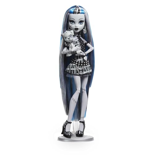 Mattel® Monster High Reel Drama Frankie Stein Anziehpuppe, schwarz-weiß, beweglich mit Hund Watzie und Filmpostern