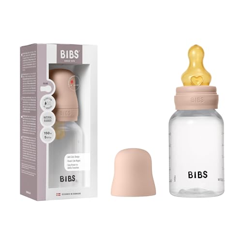 BIBS Babyflasche 150 ml, Sauger aus Naturkautschuk, Anti-Kolik, BPA-frei, langsamem Fluss, leicht zu reinigen, für Neugeborene, Blush