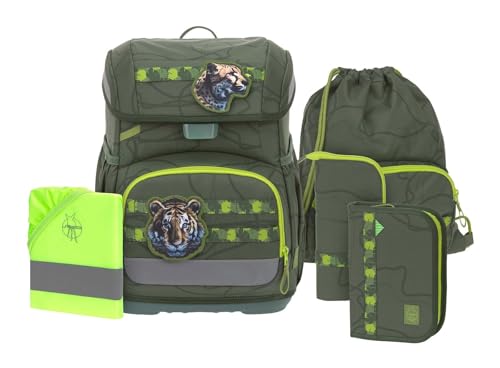 LÄSSIG Schulranzen Set Light Unique 7-teilig mit Regenhülle, großes Hauptfach, gepolsterte Träger, dunkelgrün (Jungle Green)