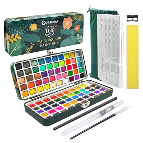 Artecho Aquarellfarben Set 100 Farben, Tragbare Box mit Pinsel, Aquarellpapier, fluoreszierenden, metallic und klassischen Farben für Künstler und Hobbymaler