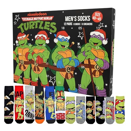 United Labels Teenage Mutant Ninja Turtles Adventskalender, 12 Paar Socken für Herren in Größe 40-45, Sneaker und lange Socken mit kultigen Motiven, Weihnachtskalender Geschenk