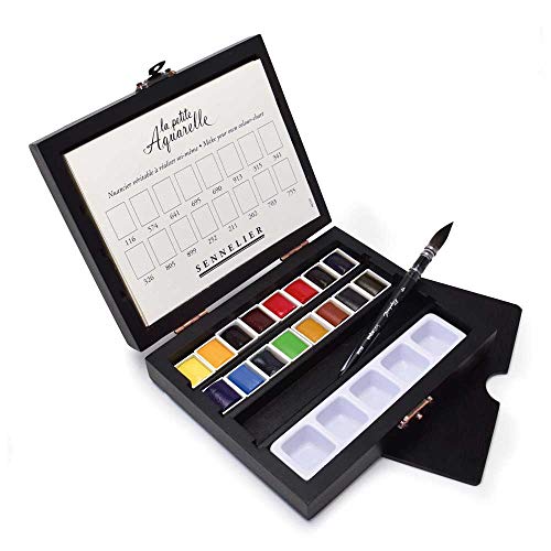 Sennelier La Petite Aquarelle Travel Watercolor Set, Schwarz, mit 16 Halb-Pan-Farben, Papierblock und Mini Pinsel Größe 4