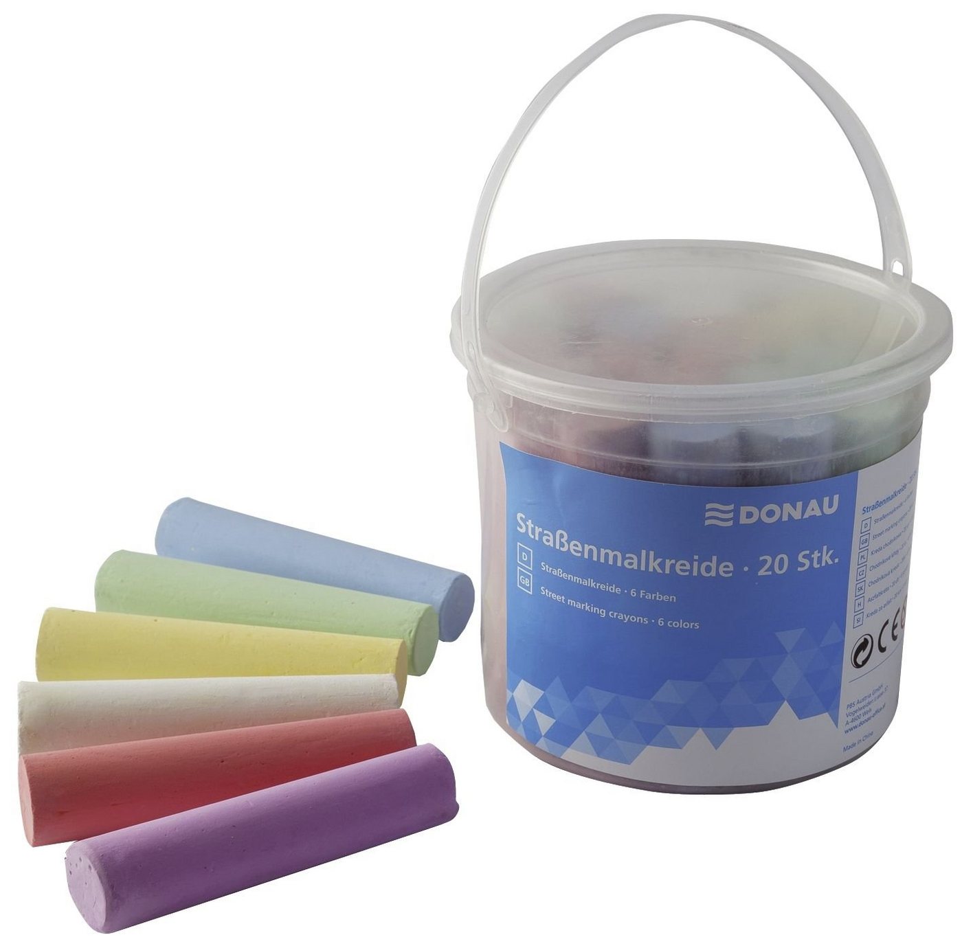 DONAU Straßenmalkreide, 20 Stück sortiert in verschiedenen Farben, Kunststoffeimer