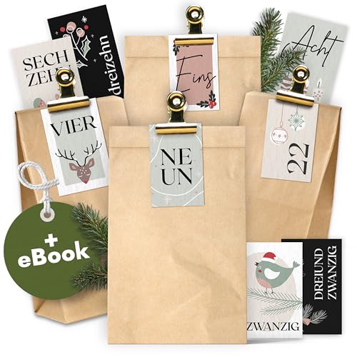 Amari Adventskalender zum Befüllen - 24 Papier Adventstüten mit Holzklammern für Weihnachten - Weihnachtstüten mit Zahlenaufkleber